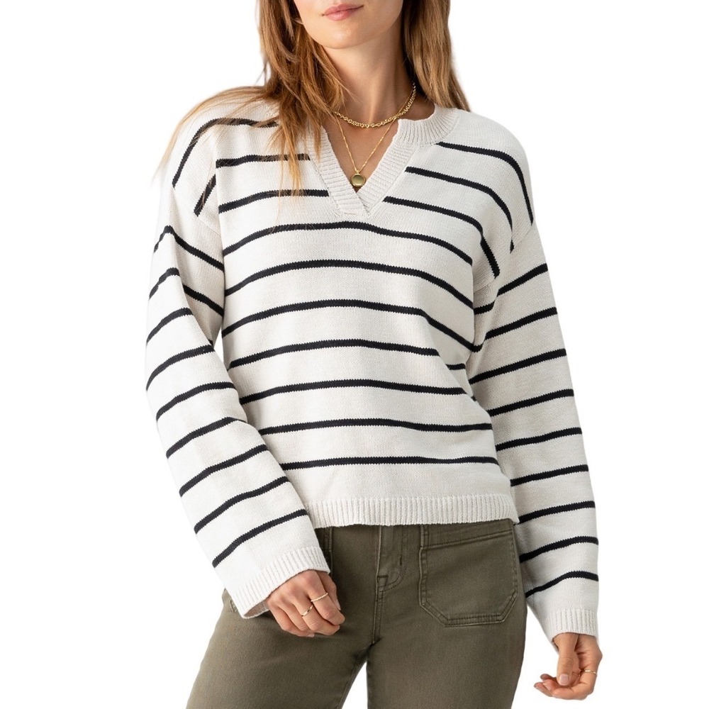 Sanctuary Chill Vibes V Neck Sweater Chalk Black Stripe Large